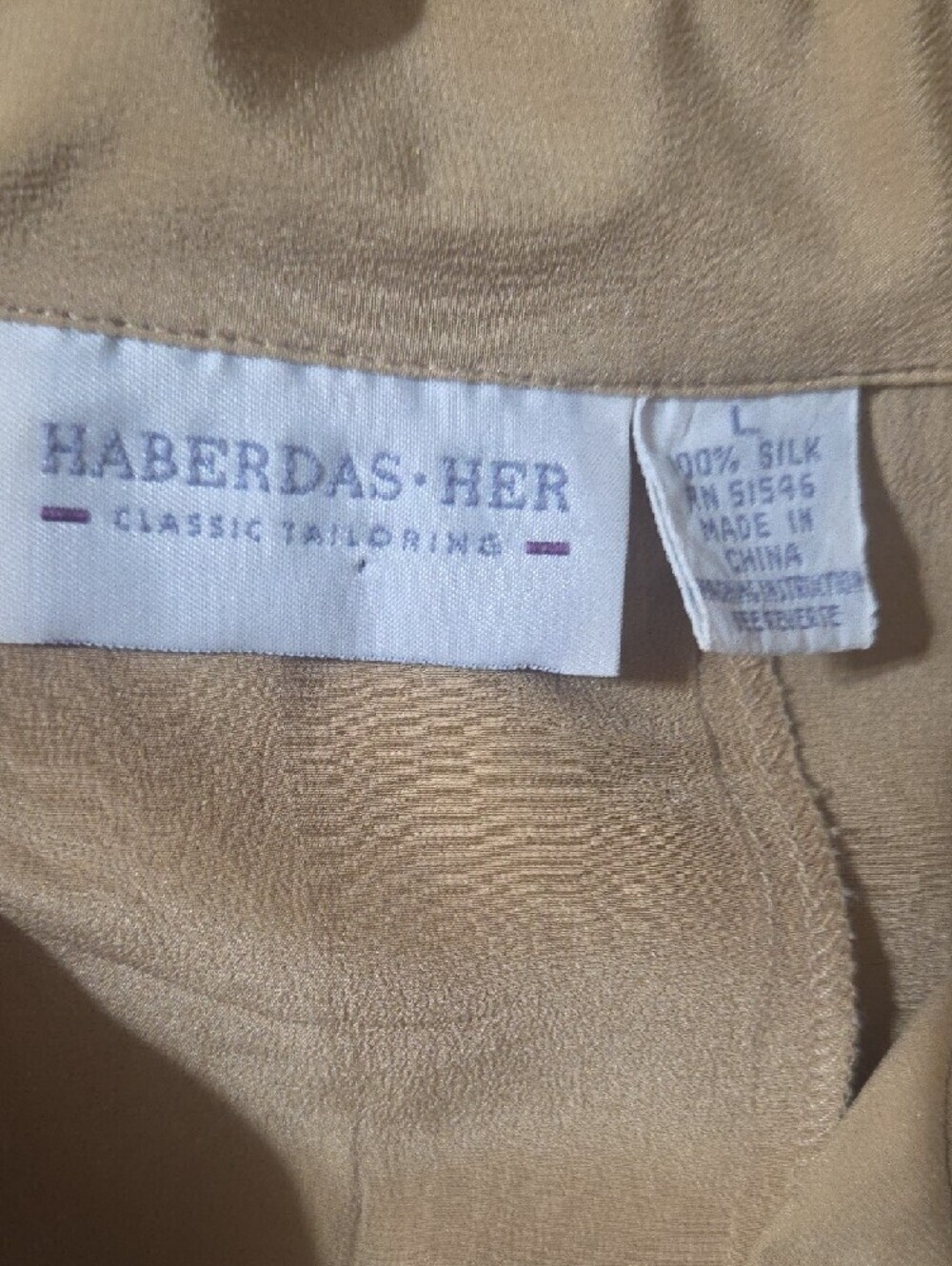 Vintage 90s Haberdasher 100% Silk Tan Camp Collar Blouse L - Picture 5 of 6